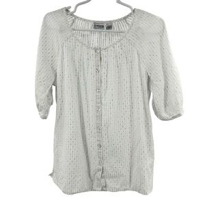 Chico's White and Silver Striped Swiss dot Blouse button front cotton metallic L